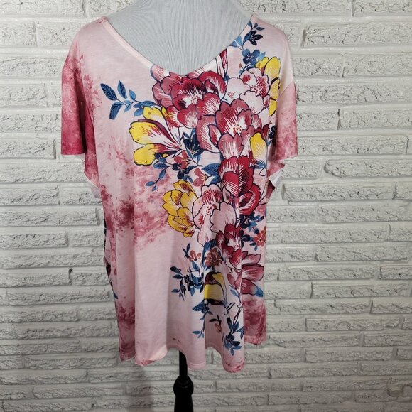 Terra Sky Womens Top 2X Plus Tee Flutter Sleeve Pink Floral Studded FLO19E - Picture 1 of 9